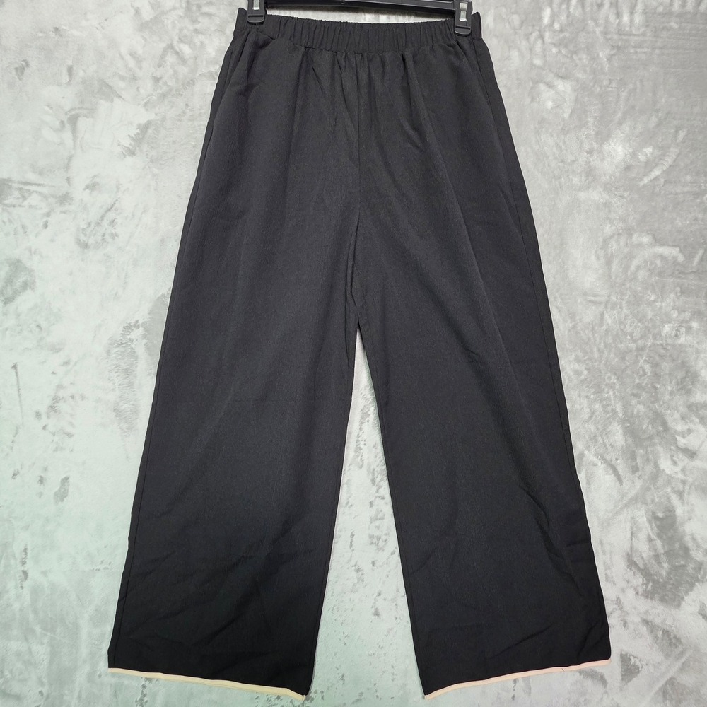 SHEIN Black Wide Leg Elastic Waist Pants Cream Trim sz2504117867766 Large